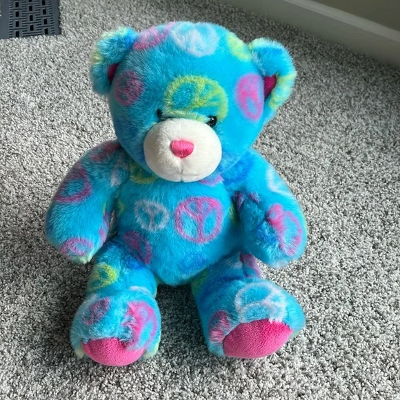 BUILD A Bear 15” Aqua Peace Sign Plush Bear - Picture 1 of 8
